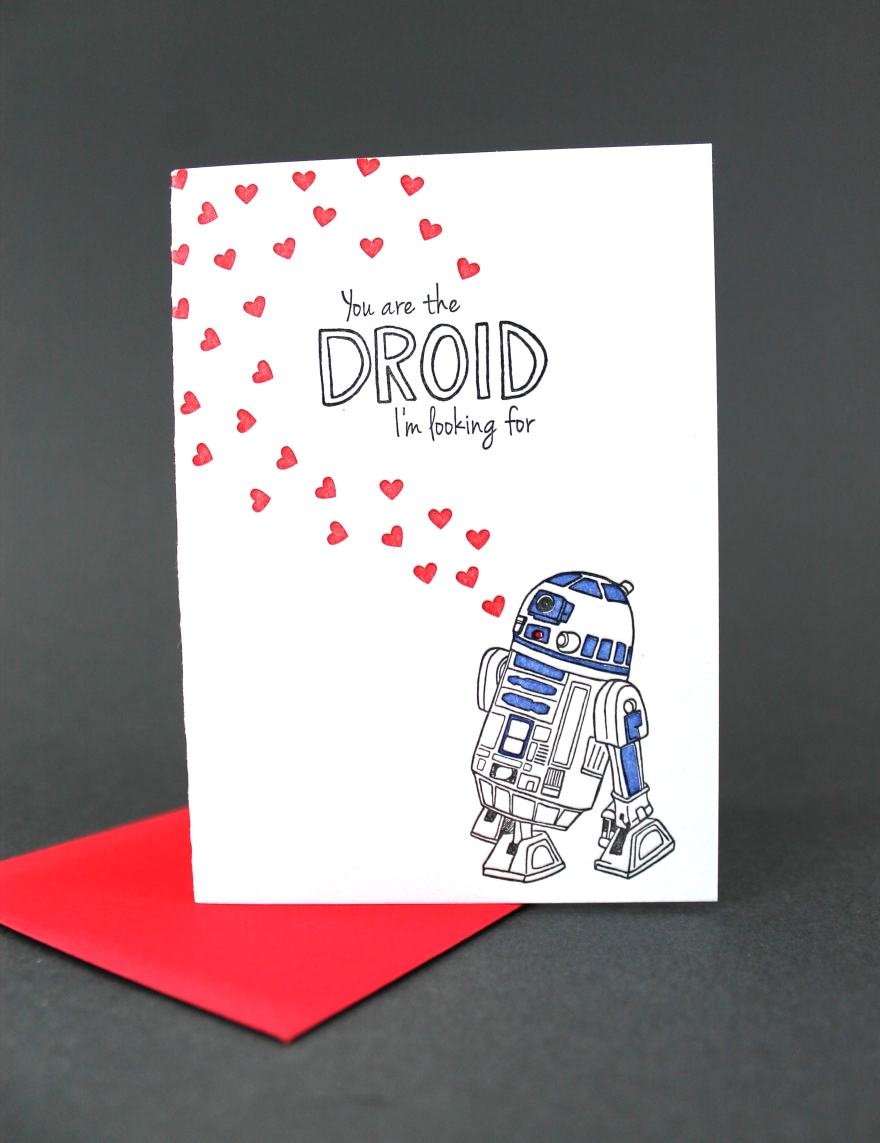 illustration and design by Lauryn Medeiros, letterpress printed by Ladybug Press, Boise, Idaho, letterpress studio, greeting card, Star Wars, R2D2, Valentine's Day, hearts, droid you're looking for, you are the droid I'm looking for