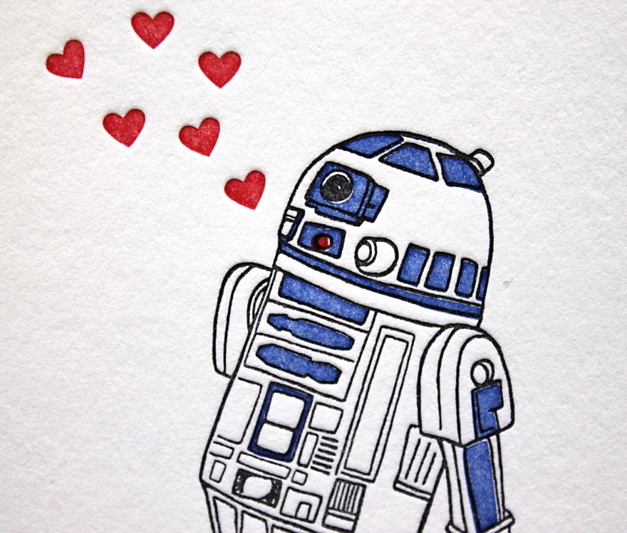 illustration and design by Lauryn Medeiros, letterpress printed by Ladybug Press, Boise, Idaho, letterpress studio, greeting card, Star Wars, R2D2, Valentine's Day, hearts, droid you're looking for, you are the droid I'm looking for