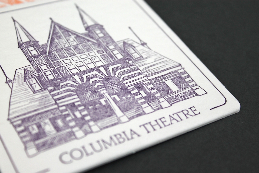 illustrations by Lauryn Medeiros, letterpress printed by Ladybug Press, Boise, Idaho, letterpress, coasters, historical, buildings, Columbia Theatre