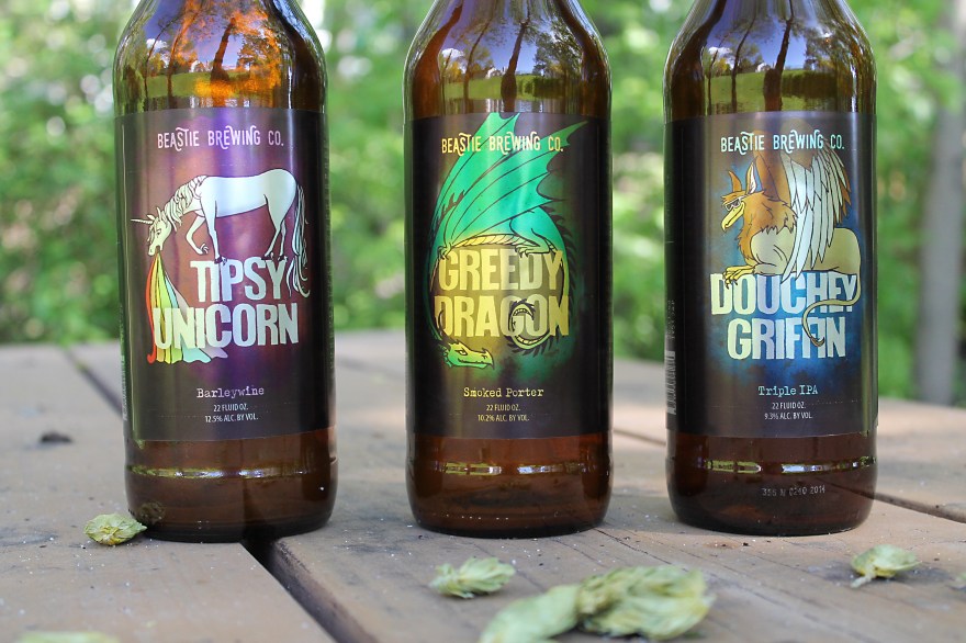graphic design by Lauryn Medeiros, illustration, beer, labels, fantasy, magical, dragon, unicorn, griffin